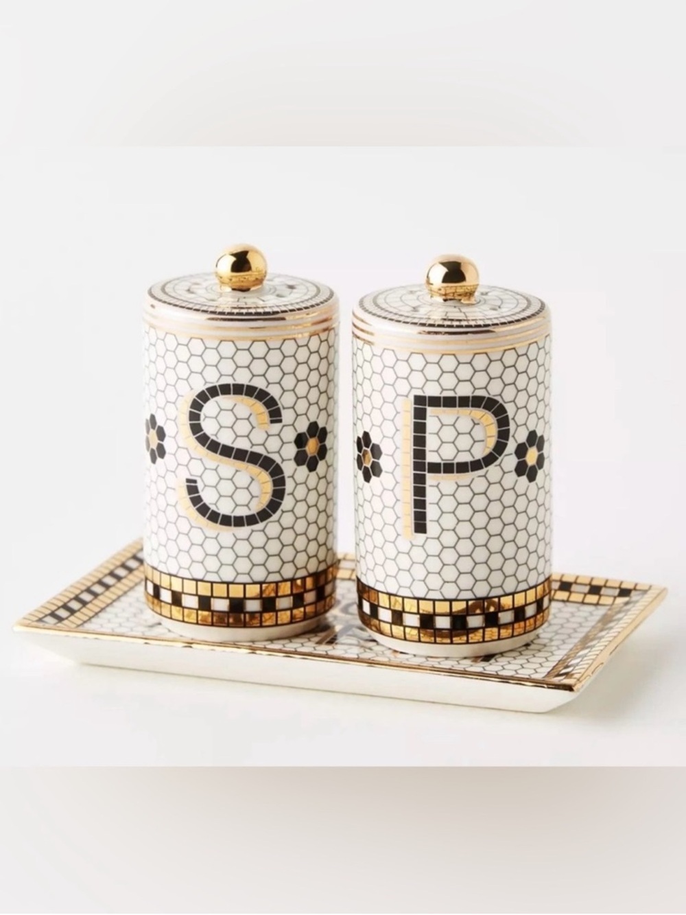 Anthropologie Bistro Tile Salt & Pepper Shakers with Bon Appétit Tray - Picture 7 of 8